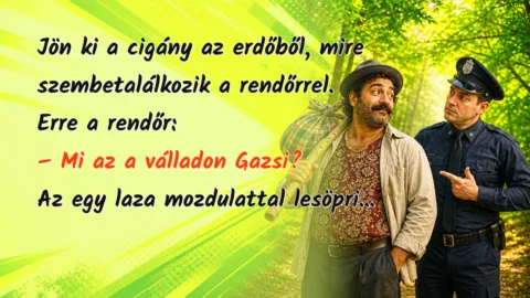 Jön ki a cigány az erdőből, mire szembetalálkozik a rendőrrel. Erre a rendőr: – Mi az a válladon Gazsi? Az egy laza mozdulattal lesöpri...