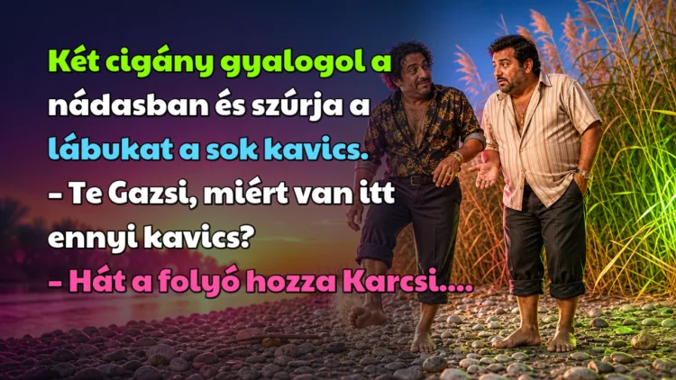 Vicc: Két cigány gyalogol a nádasban és szúrja a lábukat a sok kavics... Két cigány gyalogol a nádasban és szúrja a lábukat a sok kavics. – Te Gazsi, miért van itt ennyi kavics? – Hát a folyó hozza Karcsi....