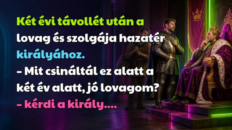 Vicc: Két évi távollét után a lovag és szolgája hazatér királyához... Két évi távollét után a lovag és szolgája hazatér királyához. – Mit csináltál ez alatt a két év alatt, jó lovagom? – kérdi a király....