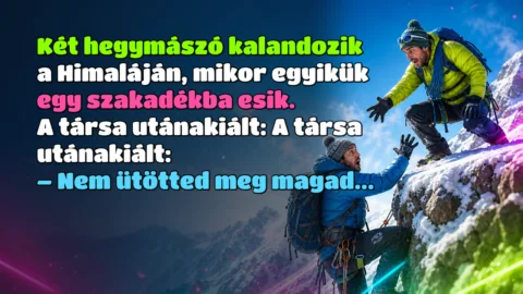 Két hegymászó kalandozik a Himaláján, mikor egyikük egy szakadékba esik. A társa utánakiált: A társa utánakiált: – Nem ütötted meg magad...