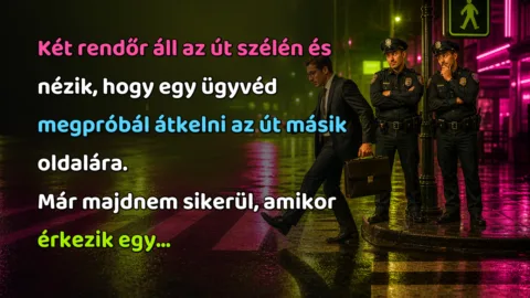 Két rendőr áll az út szélén és nézik, hogy egy ügyvéd megpróbál átkelni az út másik oldalára. Már majdnem sikerül, amikor érkezik egy...
