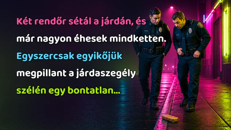 Vicc: Két rendőr sétál a járdán, és már nagyon éhesek mindketten... Két rendőr sétál a járdán, és már nagyon éhesek mindketten. Egyszercsak egyikőjük megpillant a járdaszegély szélén egy bontatlan...