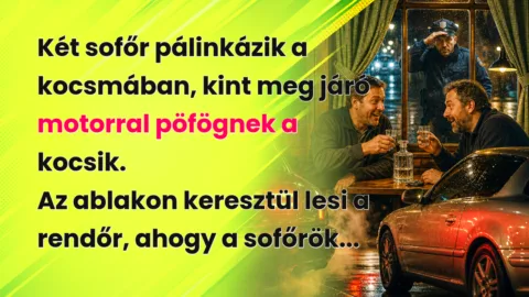 Két sofőr pálinkázik a kocsmában, kint meg járó motorral pöfögnek a kocsik. Az ablakon keresztül lesi a rendőr, ahogy a sofőrök...