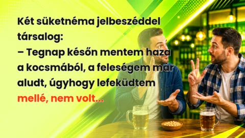 Két süketnéma jelbeszéddel társalog: – Tegnap későn mentem haza a kocsmából, a feleségem már aludt, úgyhogy lefeküdtem mellé, nem volt...