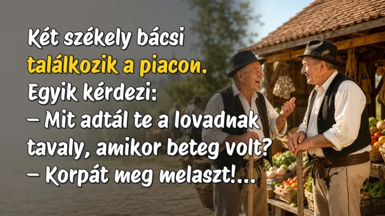 Vicc: Két székely bácsi találkozik a piacon. Egyik kérdezi... Két székely bácsi találkozik a piacon. Egyik kérdezi: – Mit adtál te a lovadnak tavaly, amikor beteg volt? – Korpát meg melaszt!...