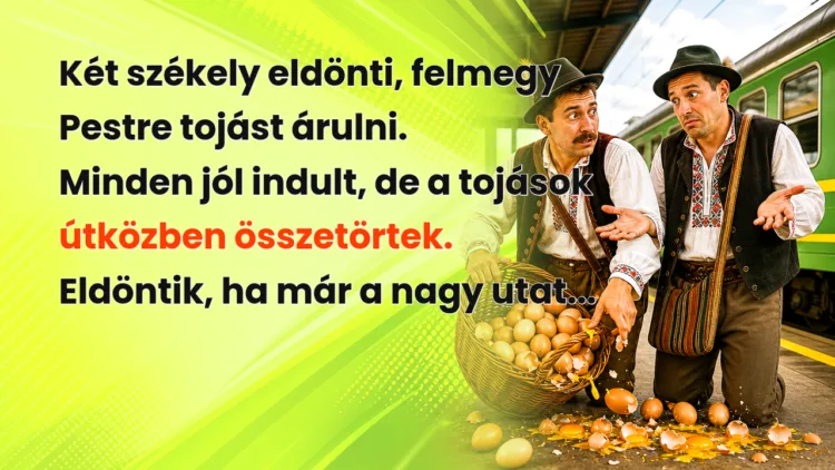 Vicc: Két székely eldönti, felmegy Pestre tojást árulni. Minden jól indult... Két székely eldönti, felmegy Pestre tojást árulni. Minden jól indult, de a tojások útközben összetörtek. Eldöntik, ha már a nagy utat...
