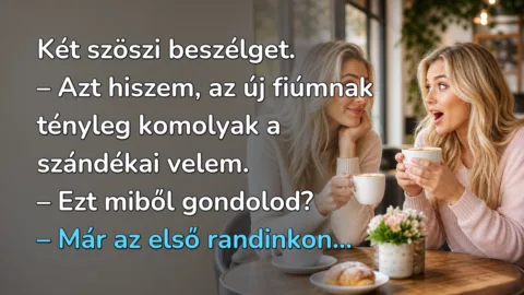 Vicc: Két szöszi beszélget... Két szöszi beszélget. – Azt hiszem, az új fiúmnak tényleg komolyak a szándékai velem. – Ezt miből gondolod? – Már az első randinkon...