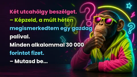 Két utcahölgy beszélget. – Képzeld, a múlt héten megismerkedtem egy gazdag palival. Minden alkalommal 30 000 forintot fizet. – Mutasd be...