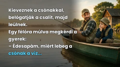 Kieveznek a csónakkal, belógatják a csalit, majd leülnek. Egy félóra múlva megkérdi a gyerek: – Édesapám, miért lebeg a csónak a víz...