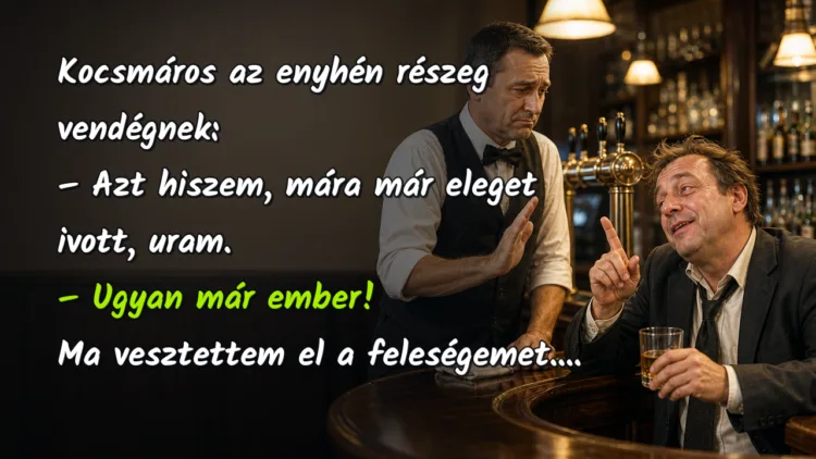 Vicc: Kocsmáros az enyhén részeg vendégnek... Kocsmáros az enyhén részeg vendégnek: – Azt hiszem, mára már eleget ivott, uram. – Ugyan már ember! Ma vesztettem el a feleségemet....