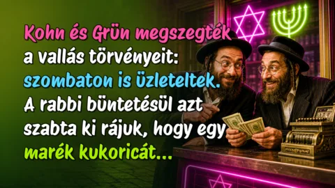 Kohn és Grün megszegték a vallás törvényeit: szombaton is üzleteltek. A rabbi büntetésül azt szabta ki rájuk, hogy egy marék kukoricát...