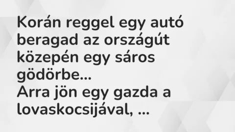 Vicc: Korán reggel egy autó beragad az országút közepén egy sáros gödörbe…