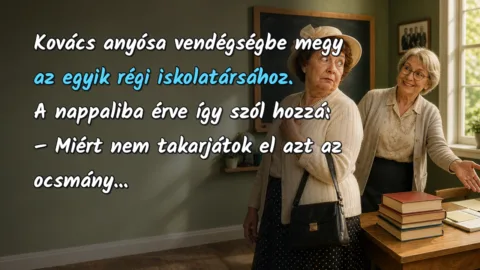 Kovács anyósa vendégségbe megy az egyik régi iskolatársához. A nappaliba érve így szól hozzá: – Miért nem takarjátok el azt az ocsmány...