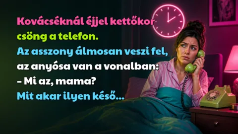 Vicc: Kovácséknál éjjel kettőkor csöng a telefon. Az asszony álmosan veszi... Kovácséknál éjjel kettőkor csöng a telefon. Az asszony álmosan veszi fel, az anyósa van a vonalban: – Mi az, mama? Mit akar ilyen késő...