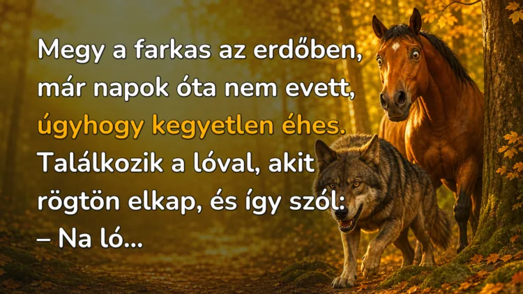 Vicc: Megy a farkas az erdőben, már napok óta nem evett, úgyhogy kegyetlen... Megy a farkas az erdőben, már napok óta nem evett, úgyhogy kegyetlen éhes. Találkozik a lóval, akit rögtön elkap, és így szól: – Na ló...
