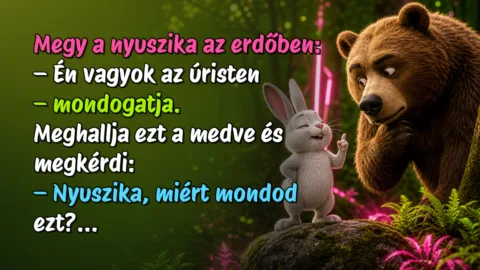 Megy a nyuszika az erdőben: – Én vagyok az úristen – mondogatja. Meghallja ezt a medve és megkérdi: – Nyuszika, miért mondod ezt?...