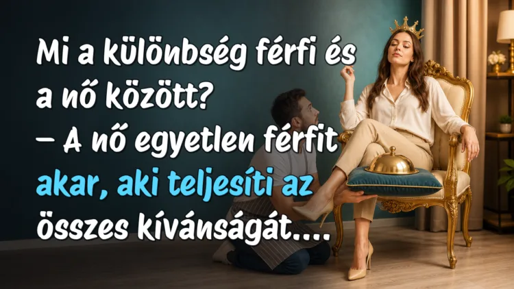Vicc: Mi a különbség férfi és a nő között? Mi a különbség férfi és a nő között? – A nő egyetlen férfit akar, aki teljesíti az összes kívánságát....