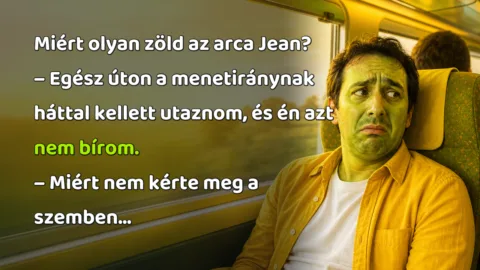 Miért olyan zöld az arca Jean? – Egész úton a menetiránynak háttal kellett utaznom, és én azt nem bírom. – Miért nem kérte meg a szemben...