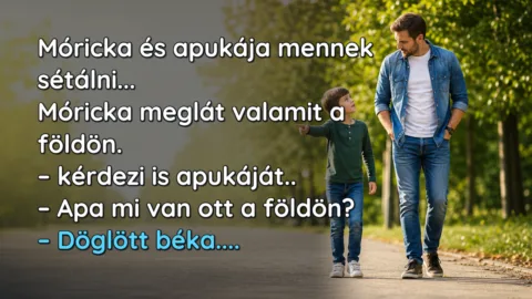 Móricka és apukája mennek sétálni... Móricka meglát valamit a földön. – kérdezi is apukáját.. – Apa mi van ott a földön? – Döglött béka....