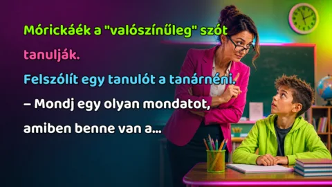 Mórickáék a "valószínűleg" szót tanulják. Felszólít egy tanulót a tanárnéni. – Mondj egy olyan mondatot, amiben benne van a...