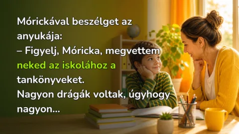 Mórickával beszélget az anyukája: – Figyelj, Móricka, megvettem neked az iskolához a tankönyveket. Nagyon drágák voltak, úgyhogy nagyon...
