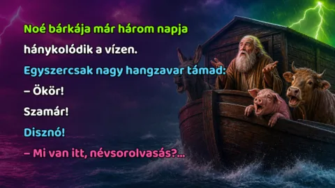 Noé bárkája már három napja hánykolódik a vízen. Egyszercsak nagy hangzavar támad: – Ökör! Szamár! Disznó! – Mi van itt, névsorolvasás?...