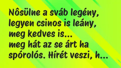 Vicc: Nôsülne a sváb legény, legyen csinos is leány, meg kedves…