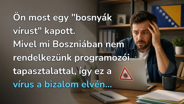Vicc: Ön most egy "bosnyák vírust" kapott... Ön most egy "bosnyák vírust" kapott. Mivel mi Boszniában nem rendelkezünk programozói tapasztalattal, így ez a vírus a bizalom elvén...