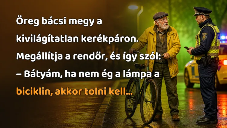 Vicc: Öreg bácsi megy a kivilágítatlan kerékpáron. Megállítja a rendőr... Öreg bácsi megy a kivilágítatlan kerékpáron. Megállítja a rendőr, és így szól: – Bátyám, ha nem ég a lámpa a biciklin, akkor tolni kell...