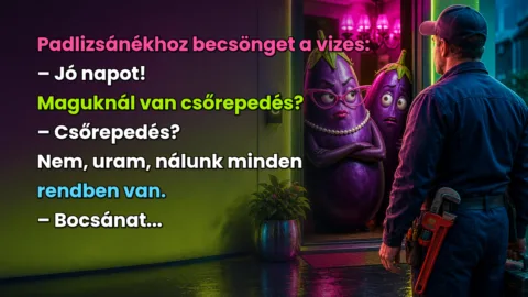 Padlizsánékhoz becsönget a vizes: – Jó napot! Maguknál van csőrepedés? – Csőrepedés? Nem, uram, nálunk minden rendben van. – Bocsánat...