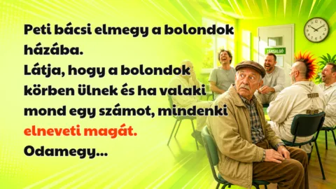 Peti bácsi elmegy a bolondok házába. Látja, hogy a bolondok körben ülnek és ha valaki mond egy számot, mindenki elneveti magát. Odamegy...