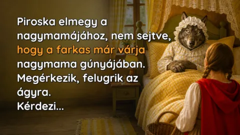 Piroska elmegy a nagymamájához, nem sejtve, hogy a farkas már várja nagymama gúnyájában. Megérkezik, felugrik az ágyra. Kérdezi...