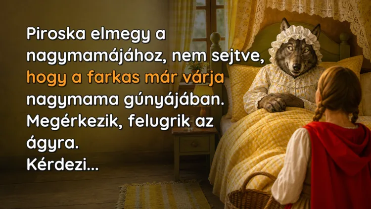 Vicc: Piroska elmegy a nagymamájához, nem sejtve, hogy a farkas már várja... Piroska elmegy a nagymamájához, nem sejtve, hogy a farkas már várja nagymama gúnyájában. Megérkezik, felugrik az ágyra. Kérdezi...