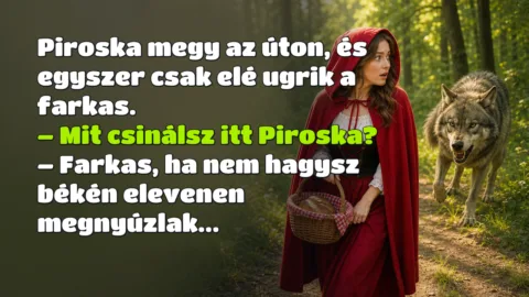 Piroska megy az úton, és egyszer csak elé ugrik a farkas. – Mit csinálsz itt Piroska? – Farkas, ha nem hagysz békén elevenen megnyúzlak...