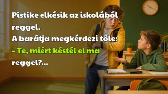 Pistike elkésik az iskolából reggel. A barátja megkérdezi tőle: – Te, miért késtél el ma reggel?...
