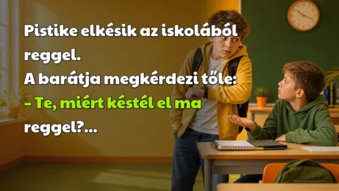 Vicc: Pistike elkésik az iskolából reggel. A barátja megkérdezi tőle... Pistike elkésik az iskolából reggel. A barátja megkérdezi tőle: – Te, miért késtél el ma reggel?...