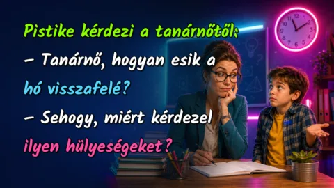Pistike kérdezi a tanárnőtől: – Tanárnő, hogyan esik a hó visszafelé? – Sehogy, miért kérdezel ilyen hülyeségeket?