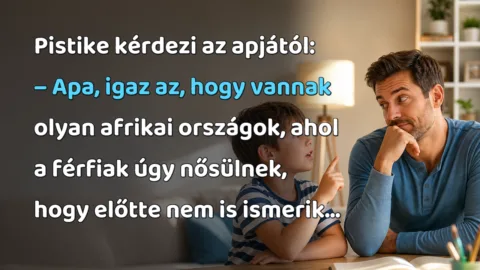 Pistike kérdezi az apjától: – Apa, igaz az, hogy vannak olyan afrikai országok, ahol a férfiak úgy nősülnek, hogy előtte nem is ismerik...