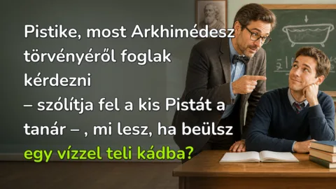 Pistike, most Arkhimédesz törvényéről foglak kérdezni – szólítja fel a kis Pistát a tanár – , mi lesz, ha beülsz egy vízzel teli kádba?
