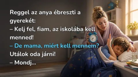 Reggel az anya ébreszti a gyerekét: – Kelj fel, fiam, az iskolába kell menned! – De mama, miért kell mennem? Utálok oda járni! – Mondj...