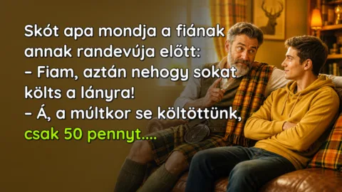 Skót apa mondja a fiának annak randevúja előtt: – Fiam, aztán nehogy sokat költs a lányra! – Á, a múltkor se költöttünk, csak 50 pennyt....