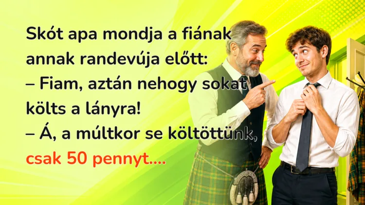 Vicc: Skót apa mondja a fiának annak randevúja előtt... Skót apa mondja a fiának annak randevúja előtt: – Fiam, aztán nehogy sokat költs a lányra! – Á, a múltkor se költöttünk, csak 50 pennyt....