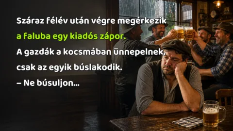 Száraz félév után végre megérkezik a faluba egy kiadós zápor. A gazdák a kocsmában ünnepelnek, csak az egyik búslakodik. – Ne búsuljon...