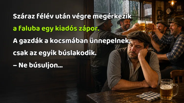 Vicc: Száraz félév után végre megérkezik a faluba egy kiadós zápor... Száraz félév után végre megérkezik a faluba egy kiadós zápor. A gazdák a kocsmában ünnepelnek, csak az egyik búslakodik. – Ne búsuljon...