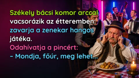 Székely bácsi komor arccal vacsorázik az étteremben: zavarja a zenekar hangos játéka. Odahívatja a pincért: – Mondja, főúr, meg lehet...