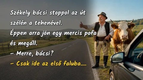 Székely bácsi stoppol az út szélén a tehenével. Éppen arra jön egy mercis pofa és megáll. – Merre, bácsi? – Csak ide az első faluba....