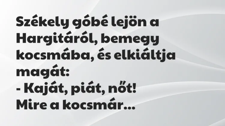 Vicc: Székely góbé lejön a Hargitáról, bemegy kocsmába, és elkiáltja magát… Vicc: Székely góbé lejön a Hargitáról, bemegy kocsmába, és elkiáltja magát…