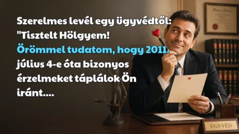 Szerelmes levél egy ügyvédtől: "Tisztelt Hölgyem! Örömmel tudatom, hogy 2011. július 4-e óta bizonyos érzelmeket táplálok Ön iránt....
