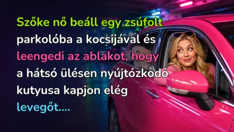 Szőke nő beáll egy zsúfolt parkolóba a kocsijával és leengedi az ablakot, hogy a hátsó ülésen nyújtózkodó kutyusa kapjon elég levegőt....