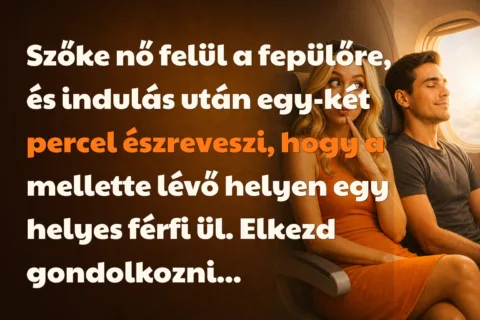 Szőke nő felül a fepülőre, és indulás után egy-két percel észreveszi, hogy a mellette lévő helyen egy helyes férfi ül. Elkezd gondolkozni...
